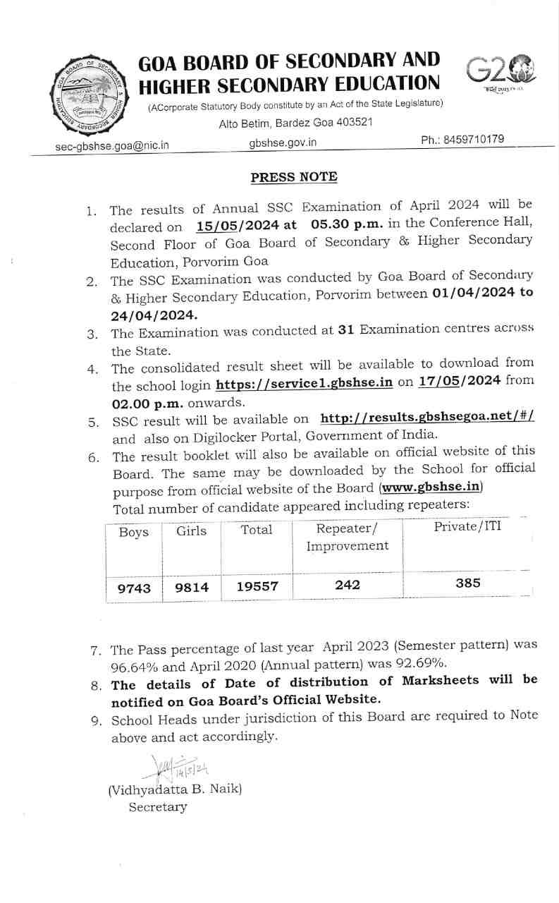 Goa Board SSC Result 2024 Official Date and Time